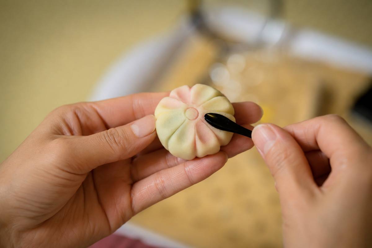 Finished handmade wagashi served with matcha