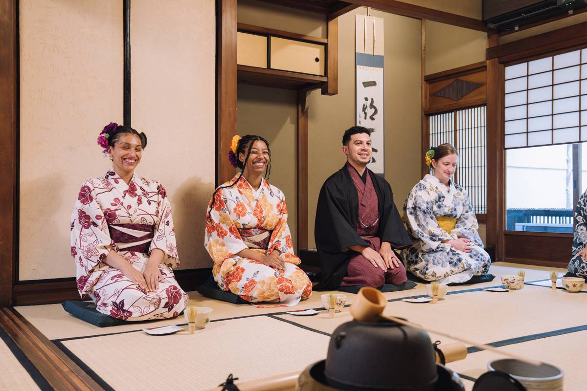 Traditional matcha utensils in a Kyoto tea room