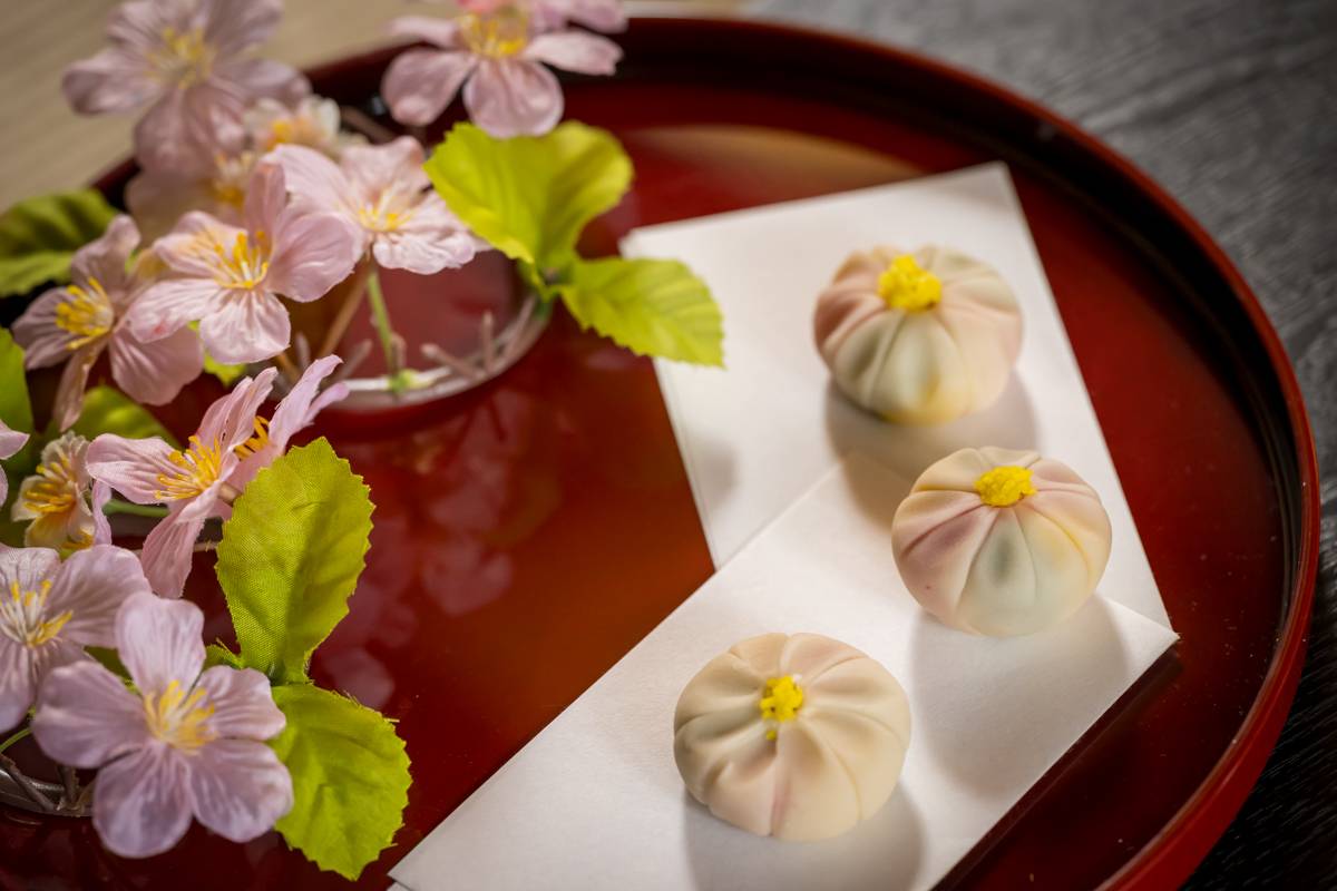 Seasonal Japanese wagashi sweets served with matcha tea