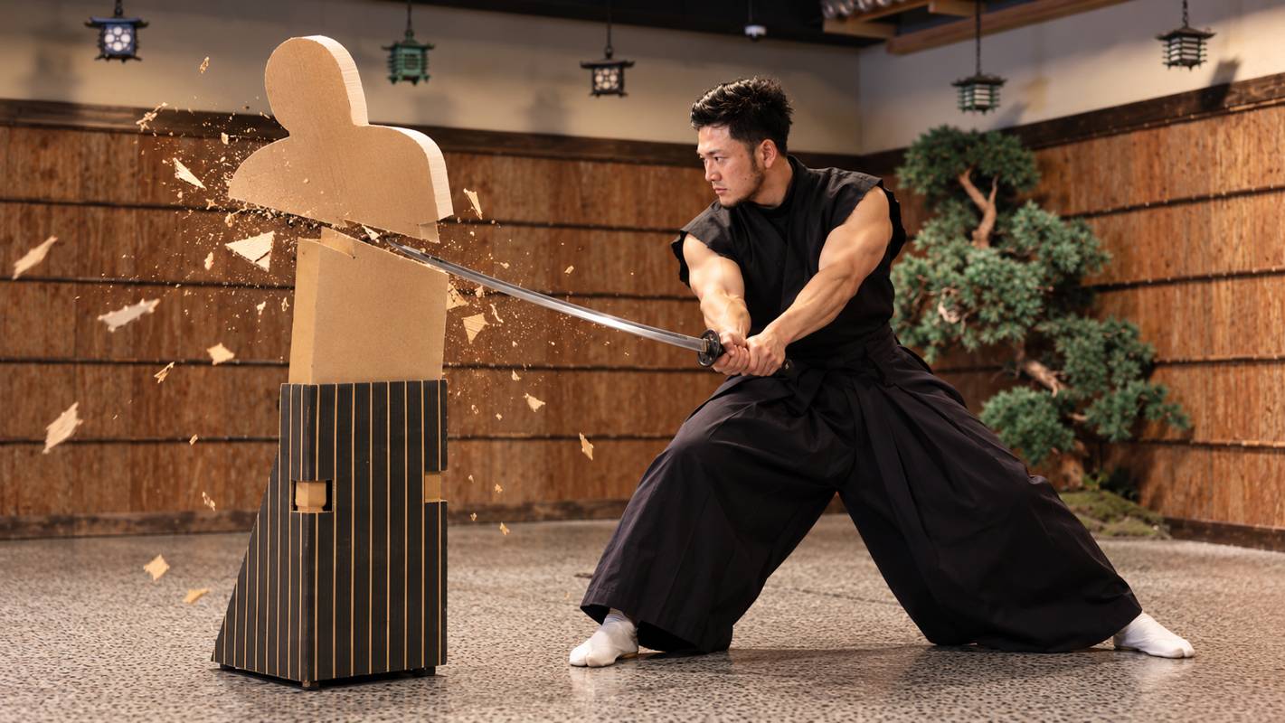Samurai in black attire cutting a dedicated target in the dojo