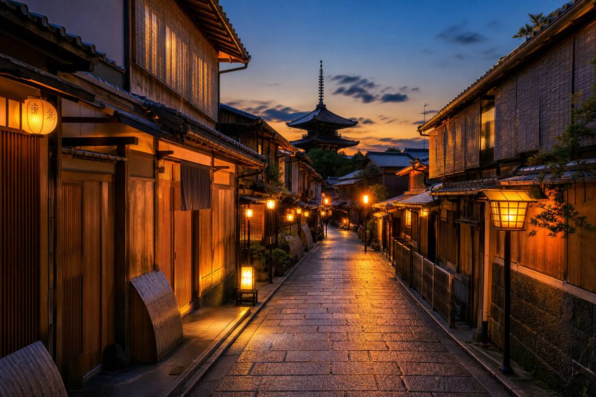 Gion Hanamikoji Kyoto geisha district evening street