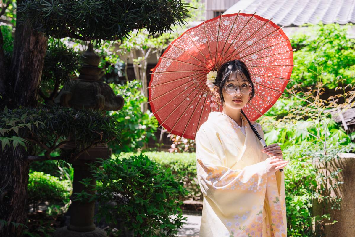 Kimono rental guest walking through historic Kyoto