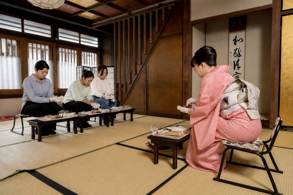 Instructor demonstrating wagashi making in Kyoto